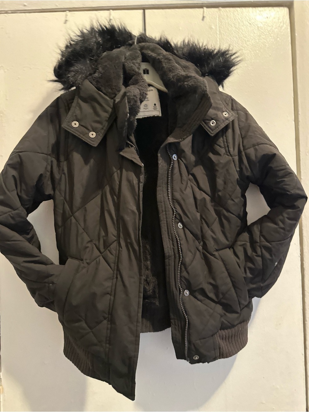 abercrombie kids Black Quilted Hooded Puffer Jacket with Faux Fur Trim